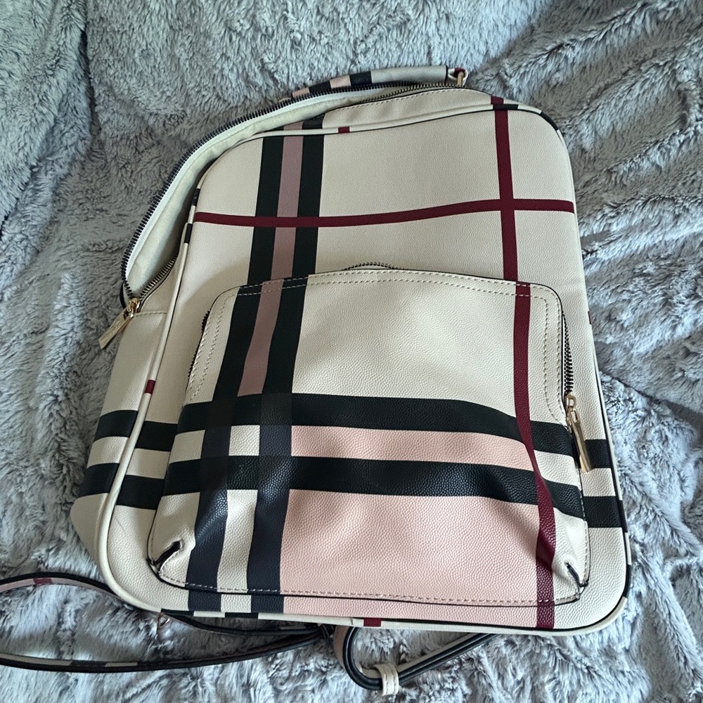 Stylish Cream Black Pink Red Plaid Laptop Travel Backpack